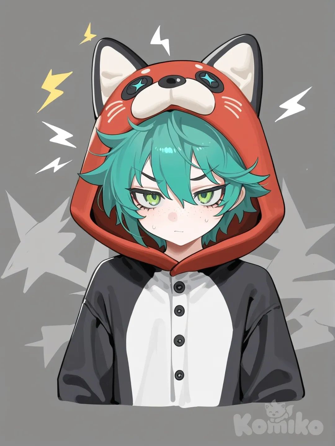 1boy, green hair, green eyes, lightning bolt background, freckles, cat costume.