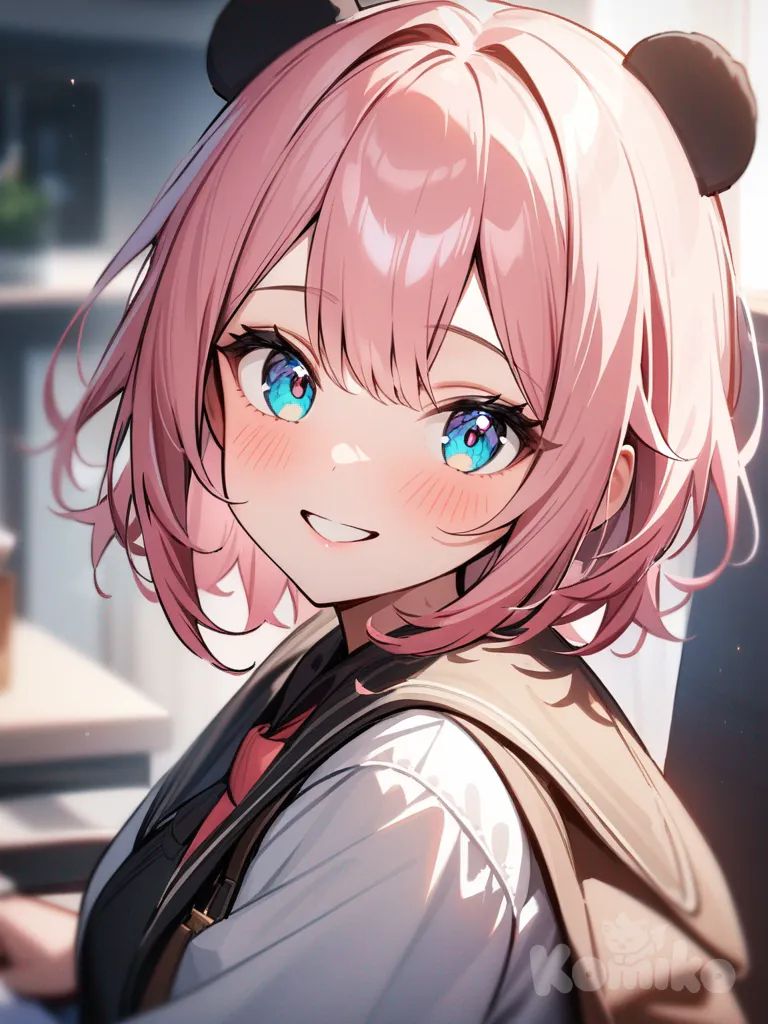 one girl, panda girl, pink hair, teal eyes.and smiling