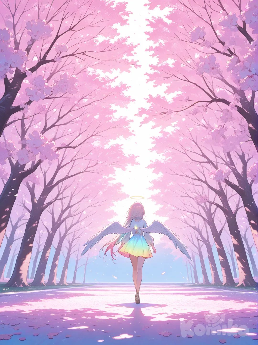 1girl, angel, colorful, cherry blossoms back ground, glowing dress