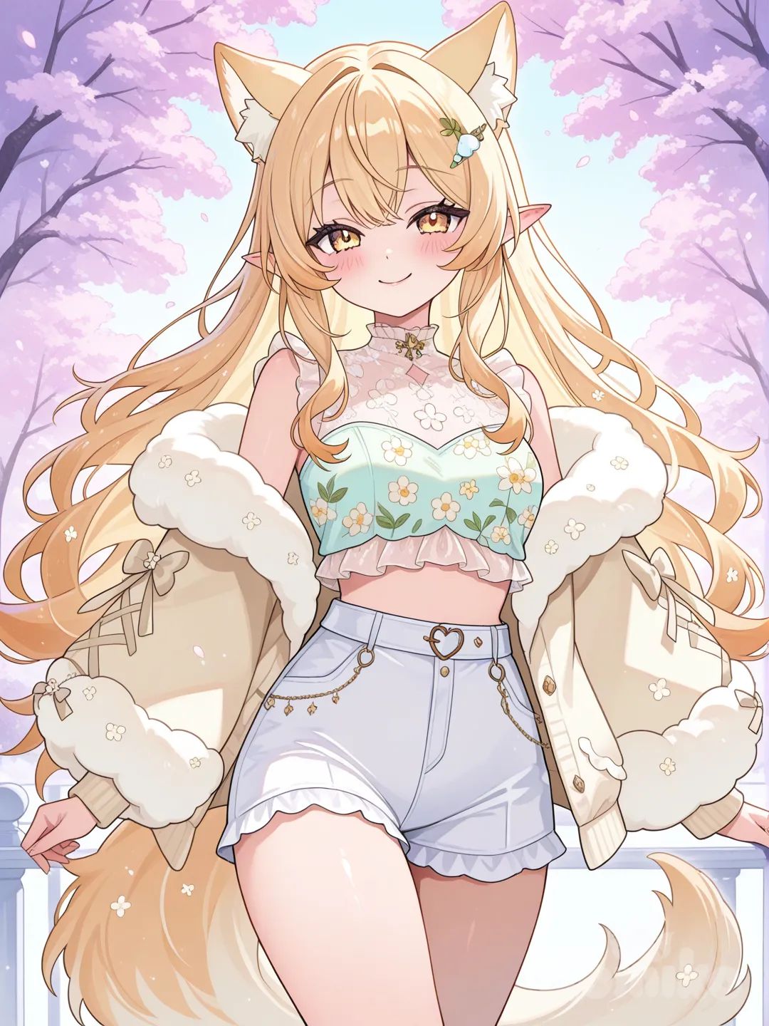 1 girl, honey hair, yellow eyes, wolf girl, elf ears, pastel light yellow fluffy coat, light flower crop top, white shorts, virtual youtuber