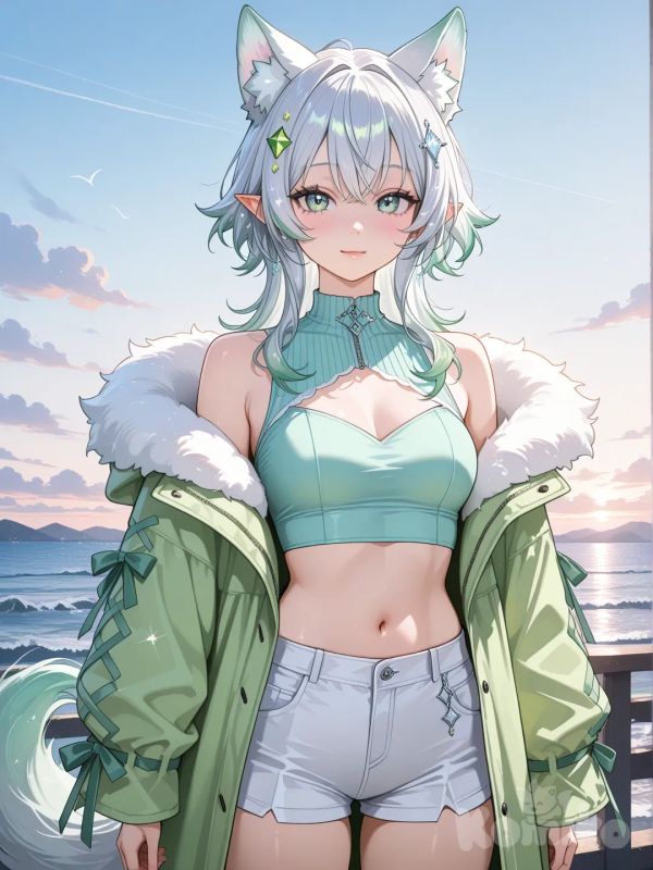 1 girl, sparkly cilver diamond hair, bluish green eyes, wolf girl, elf ears, pastel light green fluffy coat, light sky blue crop top, white shorts, virtual youtuber, realistic features