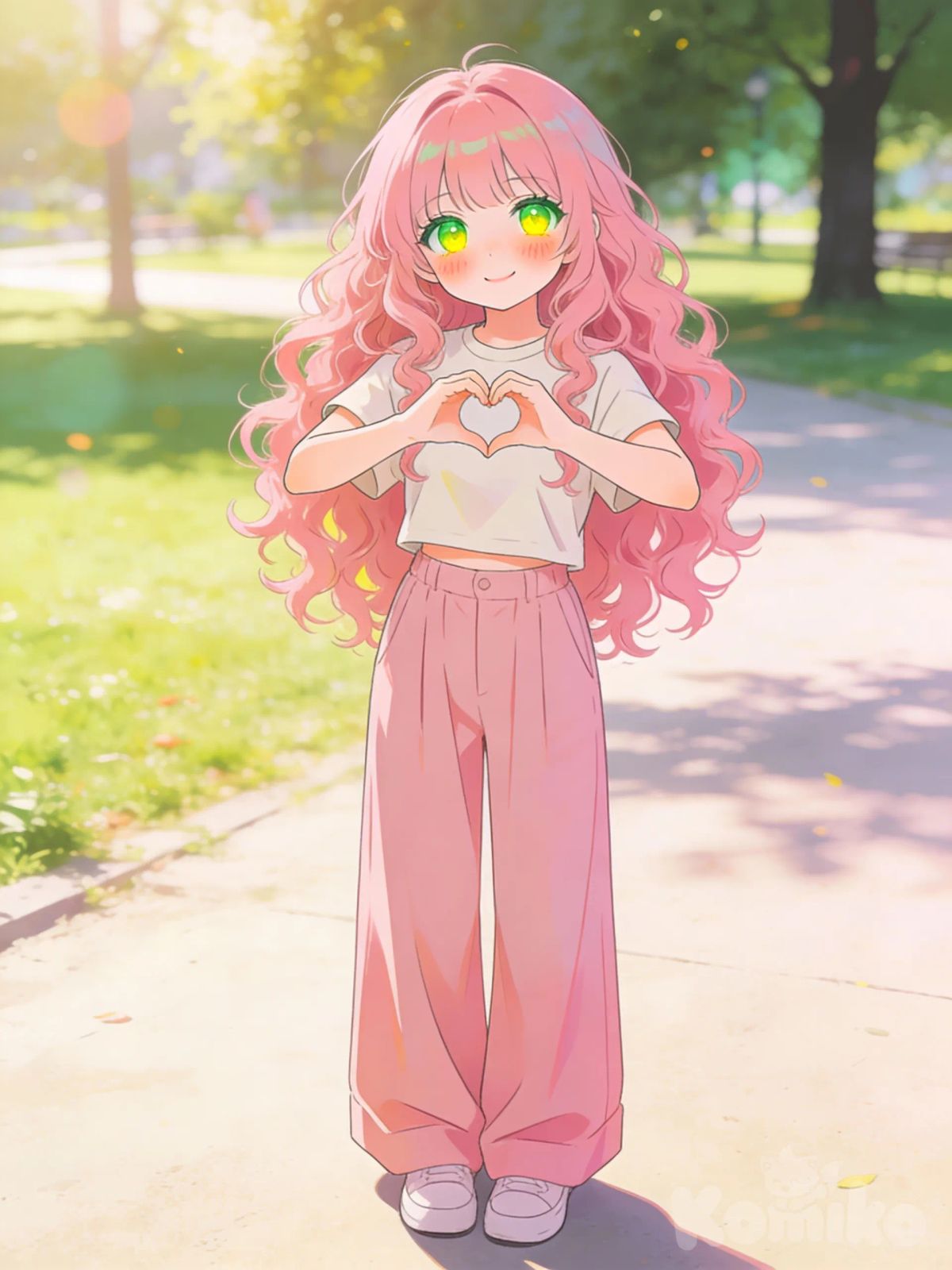 1girl, long hair, curly hair, pink hair, green eyes, yellow eyes, looking at viewer, ambient light, blush, t-shirt, wide-leg pants, park, @aira-rin-O5yD, full body, heart hands