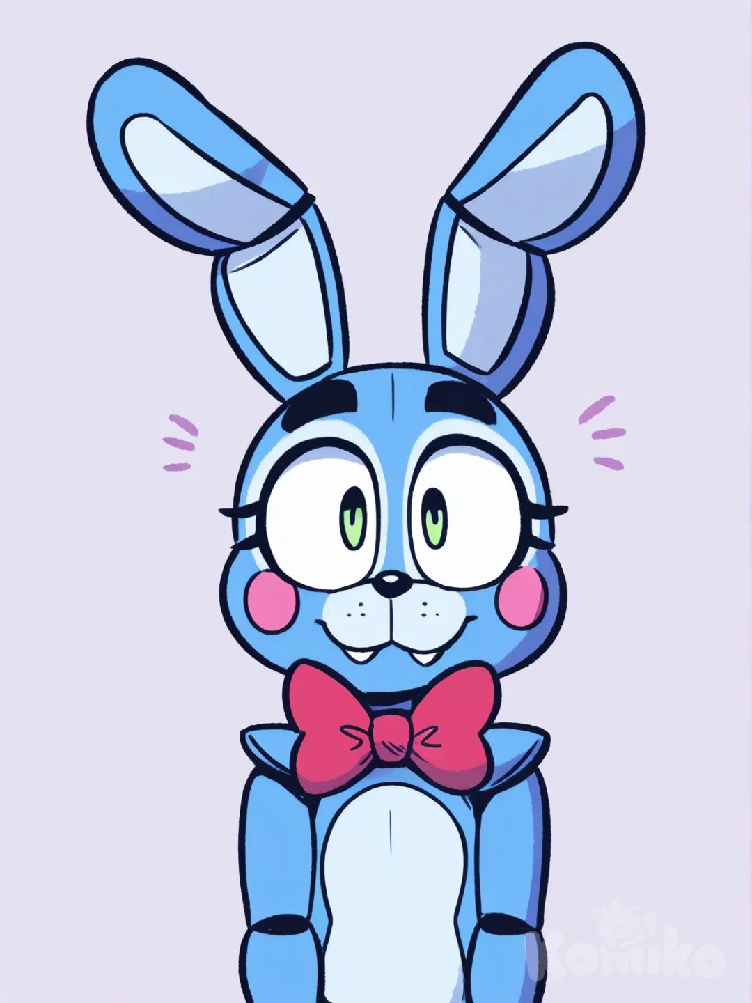 Toy Bonnie from five nights at freddy's smiles at the camera with a cute face, flat chest, [helltalker-style]