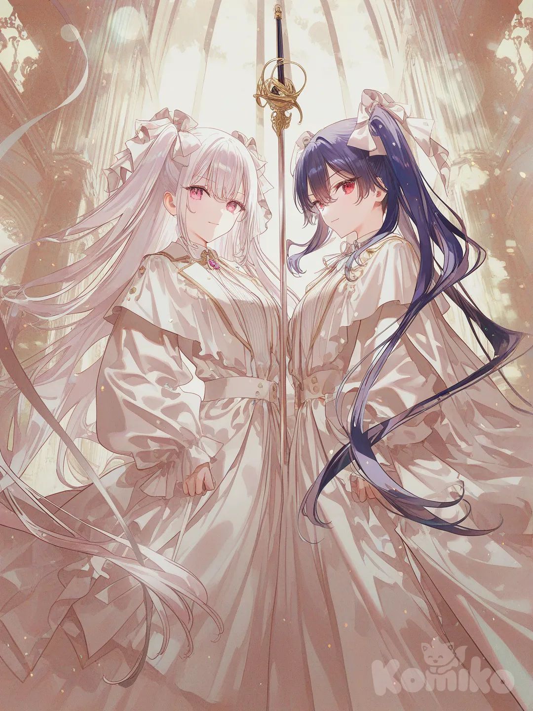 fate anime style character, heroic pose, anime art, epic scene, in palace, 2girls, together, character 1: 1girl, long hair, white hair, use rapier, left side, character 2: 1girl, twin tails, blue hair, very long hair, use staff, right side, [iridescent-style]