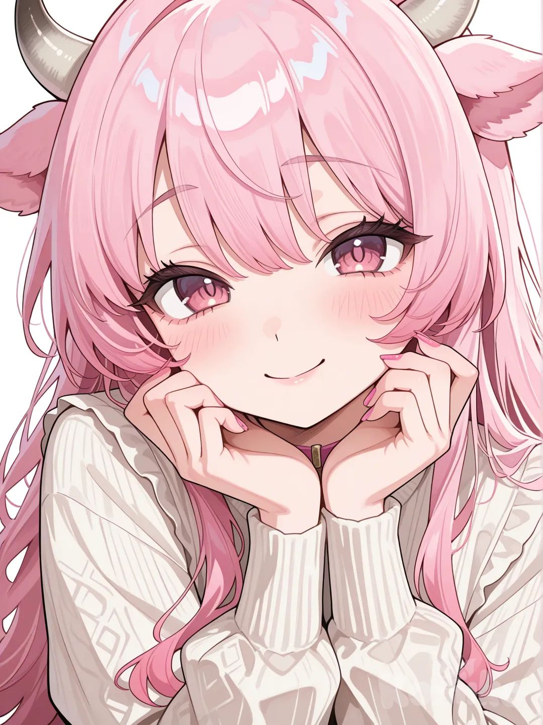 1girl, cow girl, pink nails, pink hair