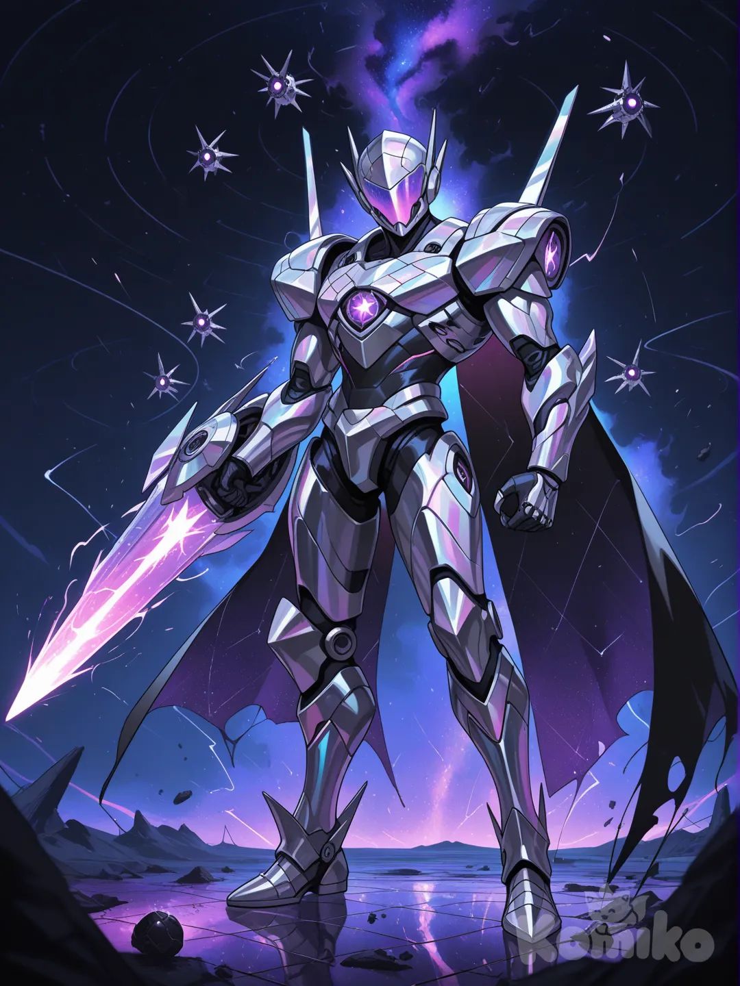 A hyper-photorealistic 16K cinematic render of a towering, elite Promethean-inspired alien warrior from a distant galactic empire, standing 8 feet tall with a sleek, biomechanical exoskeleton fused seamlessly to its slender yet imposing frame—its armor forged from iridescent obsidian-carbon alloy that shimmers with shifting hues of deep violet and electric cyan, etched with glowing geometric runes that pulse in sync with its life force, creating a mesmerizing, otherworldly glow. The helmet is a of alien engineering: a angular, face-hugging design with a narrow, slit-like visor of smoked crystal that emits a piercing amber light, the surface carved with fractal patterns that catch and refract surrounding light, while subtle vents along the jawline release wispy trails of supercooled neon-blue vapor. Beneath the armor, faint glimpses of the warrior’s biology are visible—translucent, sinewy musculature with bioluminescent cyan veins that glow through the exoskeleton’s gaps, and a segmented neck with plates that shift slightly as it moves, revealing iridescent, scale-like skin beneath.
 
The warrior’s right arm is a devastating modular weapon system: a fused plasma lance that extends from its forearm, the barrel forged from polished neutronium with a core of swirling, unstable plasma that glows with blinding white-hot intensity, crackling with arcs of static electricity that jump between the weapon’s prongs. Its left arm features a retractable energy shield generator—when activated, it projects a semi-transparent hexagonal barrier of cyan energy, etched with the same geometric runes as the armor, capable of deflecting high-velocity projectiles and energy blasts. The legs are reinforced with articulated knee guards and calf plates, ending in clawed, three-toed boots with magnetic soles that grip any surface, the toes capped with diamond-hard alien alloy that glints in the light. A flowing, tattered cape of synthetic void silk billows behind it, dyed a deep, starless black with threads of glowing cyan that weave constellation-like patterns, the edges frayed from countless battles and rippling as if caught in an invisible wind.
 
The warrior stands atop the bridge of a derelict alien warship, its hull scarred by plasma blasts and asteroid impacts, with exposed circuitry that sparks and glows with dying energy. Behind it, a massive viewport reveals the vastness of deep space—swirling nebulas of magenta and gold, distant binary stars, and the shattered remains of enemy vessels drifting in the void, their hulls leaking trails of frozen oxygen and debris. The bridge is littered with alien technology: holographic displays projecting tactical data in an unrecognizable script, floating control orbs that pulse with color, and partially destroyed console panels with sparks flying from their wiring. To the warrior’s left, a fallen enemy drone lies in pieces, its metal casing crushed by the warrior’s boot, while to its right, a small, glowing orb of captured enemy energy hovers in a containment field, pulsing with faint red light.
 
The warrior’s posture is regal and intimidating—back straight, shoulders squared, head tilted slightly as if scanning the void for threats, the plasma lance held at its side with a calm, deadly precision. Every detail is rendered with microscopic accuracy: the wear patterns on the armor’s joints from repeated movement, the faint scratches on the plasma lance’s barrel, the way the exoskeleton’s runes cast subtle cyan light onto the surrounding surfaces, the condensation of supercooled vapor on the helmet’s visor, the individual threads of the void silk cape, the bioluminescent veins’ gentle pulse, the crackling plasma’s dynamic arcs, the energy shield’s faint hum and ripple effect, the derelict ship’s rusted metal and exposed wiring, the distant nebulas’ soft, diffused light, and the reflection of the void in the warrior’s visor.
 
Cinematic lighting with high contrast—deep shadows cast by the warrior’s frame, bright highlights on the armor’s polished surfaces and the plasma weapon’s core, cool cyan and violet color palette punctuated by the white-hot plasma and starless black of the cape, shallow depth of field that focuses on the warrior while keeping the space battle background immersive. Hyper-realistic textures: the smooth, cold finish of the exoskeleton, the rough, scarred metal of the derelict ship, the translucent, sinewy biology beneath the armor, the flowing, lightweight void silk, the crackling, unstable plasma. Atmospheric elements: wispy neon-blue vapor trails, floating debris, sparking circuitry, distant starlight, the faint glow of holographic displays. Trending on ArtStation, Unreal Engine 5, Octane Render, ray tracing for reflections on the armor and visor, volumetric lighting for the nebulas and energy effects, dynamic particle effects for the plasma and static electricity, sense of overwhelming power and alien elegance, immersive sci-fi battle ambiance.