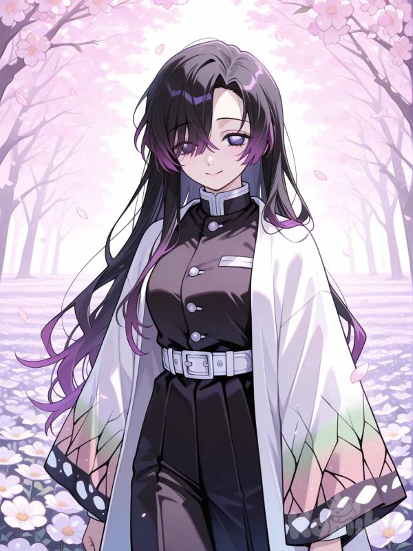 Kanae Kocho, de *Demon Slayer* Físicamente, posee un cuerpo esbelto y ligero, con una complexión fina y elegante. No es robusta ni musculosa; su figura es más bien suave y proporcionada, lo que refuerza su imagen gentil. Su postura suele verse relajada y natural, dando una sensación de paz y amabilidad.
Su rostro es armonioso y dulce, con facciones suaves. Sus ojos son grandes y expresivos, de un tono violeta claro, siempre acompañados por una mirada tranquila y una sonrisa cálida que la caracteriza. Su cabello es largo y oscuro, con reflejos violáceos, y lo lleva suelto, cayendo de forma natural alrededor de su rostro.
En cuanto a su vestimenta, Kanae usa el uniforme estándar de los cazadores de demonios, pero cubierto por un haori blanco decorado con un delicado patrón floral en tonos pastel, que evoca pétalos de flores. Este haori refuerza su conexión con la naturaleza y su personalidad pacífica, dándole un aire etéreo y elegante.
En conjunto, Kanae Kocho proyecta una imagen femenina, elegante y tranquilizadora, como si fuera una flor suave y luminosa en medio del campo de batalla.
Dame una foto de ella con estas caracteristicas
