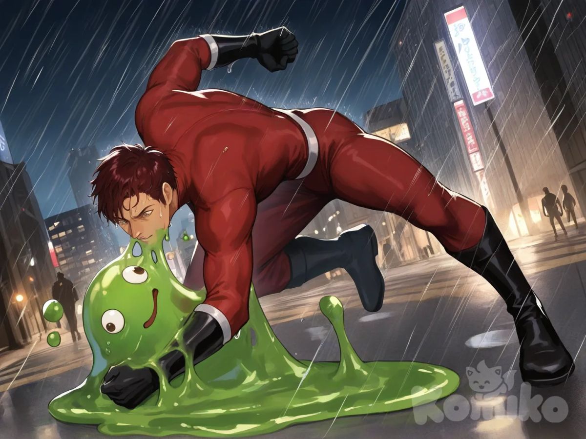 1boy, 1boy, 2people, fighting, superhero vs villain, superhero vs monster, human vs monster, face to face, main street

Characters :
First person : Derek Kingsfield : 28, has a short dark red hair, brown eyes, tan skin, black gloves, he's wearing three tone red with black and white strap tight suit , superhero suit, adult, [serious-man-style], full body, central city background, wet, superhero,

Second person : monster, villain, green slime, liquid gell, ball eyes, tentacles, gooey