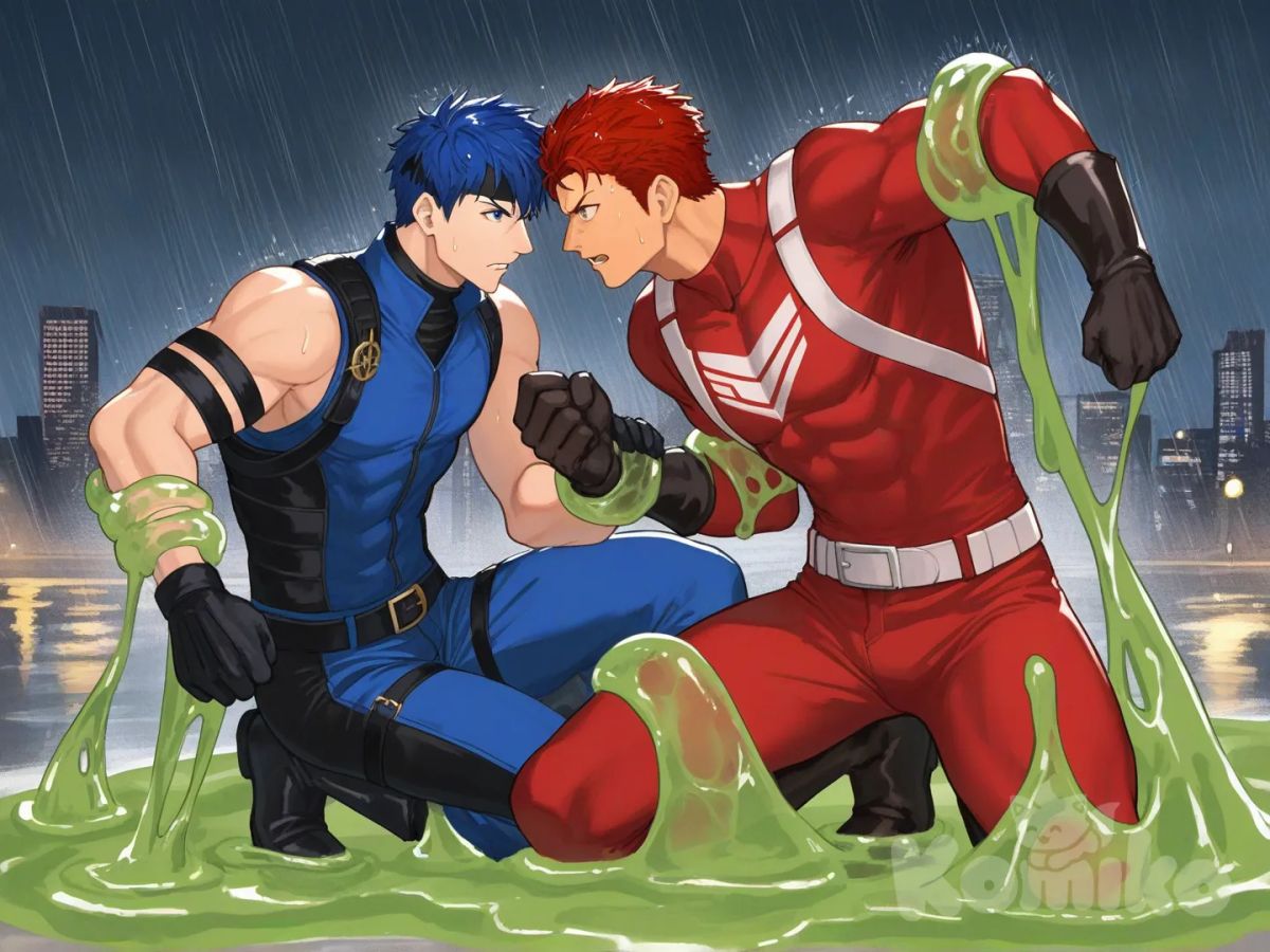 1boy, 1boy, 2people, fighting, superhero vs villain, superhero vs monster, partner superhero, human vs monster, main street, city, rainy, 

Characters :
First character : Derek Kingsfield, jock studio, has a short dark red hair, brown eyes, tan skin, black gloves, he's wearing three tone red with black and white strap tight suit, superhero suit, adult, [serious-man-style], full body, central city background, wet, superhero, next to each other, leader, company, captured,

Second character : Ike, fire emblem, has a dark blue hair, blue eyes, light skin, black gloves, he's wearing three tone blue with black and white strap tight suit, superhero suit, adult, [serious-man-style], full body, central city background, wet, superhero, next to each other, subordinate, company, captured

Other character : monster, villain, green slime, liquid gell, ball eyes, tentacles, gooey, catch