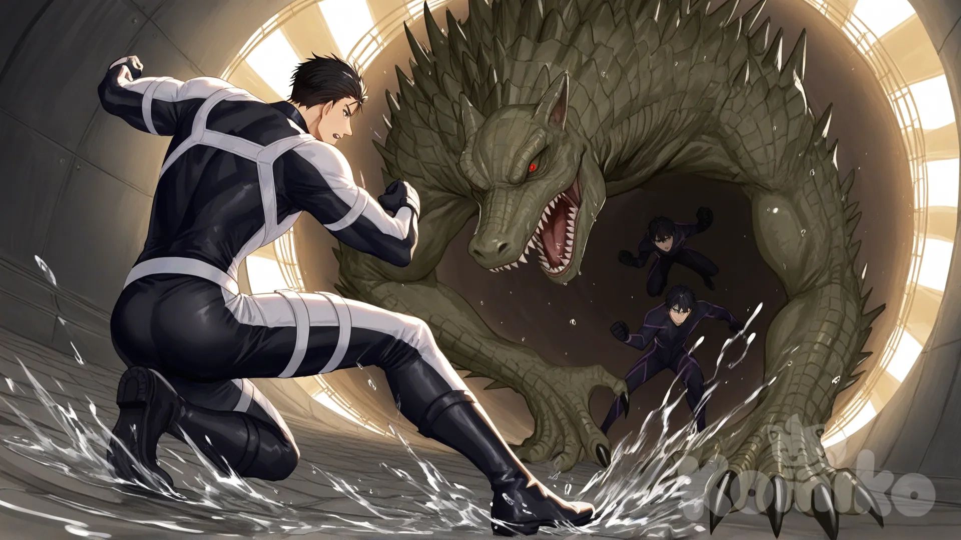 1boy, 1boy, 2people, fighting, superhero vs villain, superhero vs monster, human vs monster, in city sewer

Characters :
First person : Yamazaki Sousuke, free! anime, has a short black hair, blue eyes, light skin, black gloves, he's wearing two tone black with white strap tight suit, superhero suit, adult, [serious-man-style], full body, sewer background, wet, superhero, clenched fist, defensive stance, confront,

Second person : villain, crocodile monster, massive size, sharp teeth, sharp claw, sewer monster, catch, dangerous, red eyes