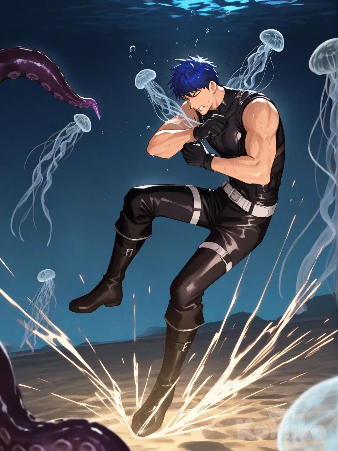 1boy, 1boy, 2people, fighting, superhero vs villain, superhero vs monster, human vs monster, confront, drowning, under the sea, deep sea water, dark, depth of field

Characters :
First person : Ike, fire emblem, muscular, has a short dark blue hair, light skin, black gloves, he's wearing three tone blue with black and white strap tight suit , superhero suit, adult, [serious-man-style], full body, underwater background, wet, superhero, eye closed, catch, chock, stung,

Second person : monster, villain, sticky, flexible, jellyfish, tentacles, angry, glow-in-the-dark, dangerous, aggressive, electric
