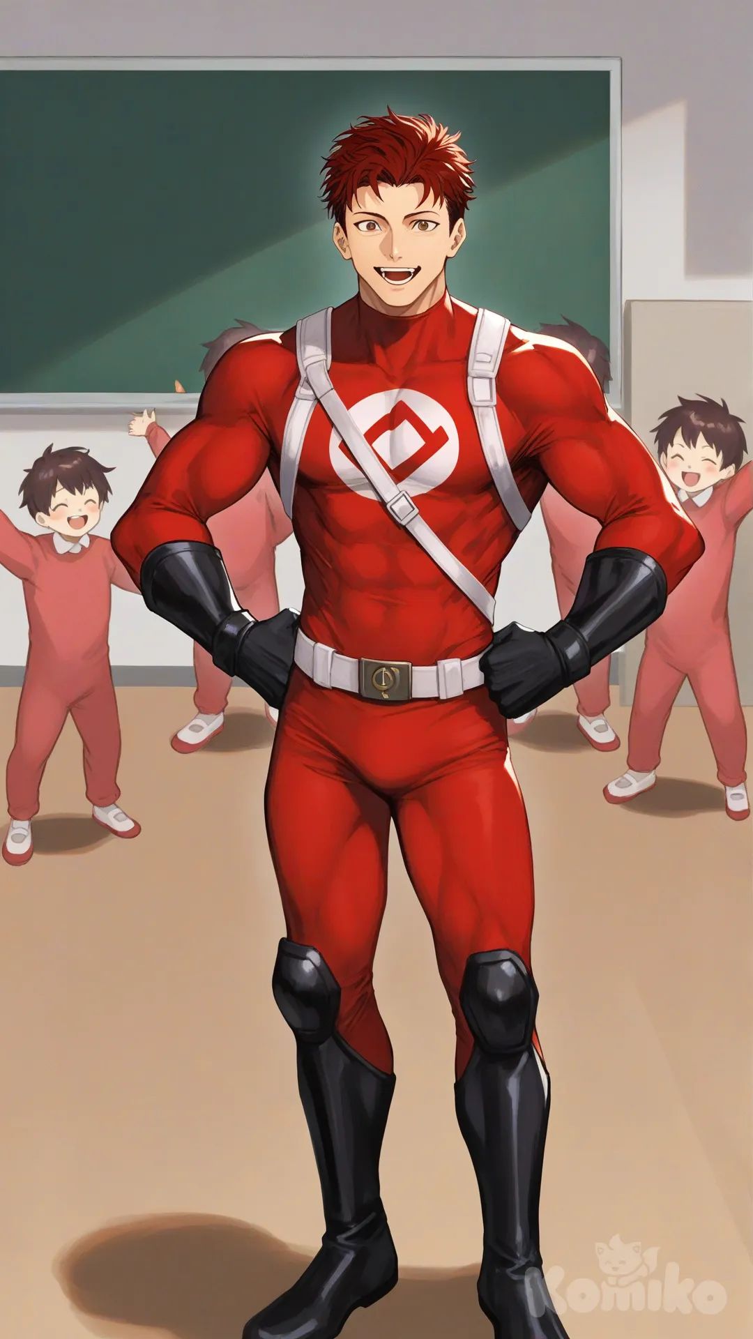 1boy, solo, front profile photo, kindergarten, class, surrounded by kindergarten child, cheered by kids, 

Characters:
First character: Superhero, Derek Kingsfield, Jock Studio, muscular body, brown eyes, short dark red hair, warm peach skin tone, black gloves, he's wearing three tone red with black and white strap tight suit, superhero suit, [serious-man-style], full body, smile, open mouth, standing, hands on own hips