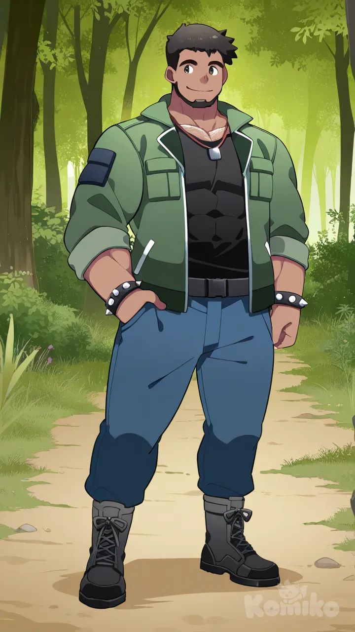 1man, muscular, hunk, bodybuilder, abs, chest hair, beard, masculine, bara, bulging muscles, thick thighs, broad shoulders, strong, dominant, virile, mature, rugged, facial hair, body hair, beefy, macho, manly, toned, powerful, defined, athletic, fit, handsome, attractive, hammer (sunset beach), full body, black hair, blue casual pants, t-shirt, combat boots, necklace, spiked bracelet, anime coloring, outdoor adventure jacket, smile, long sleeves, forest, village