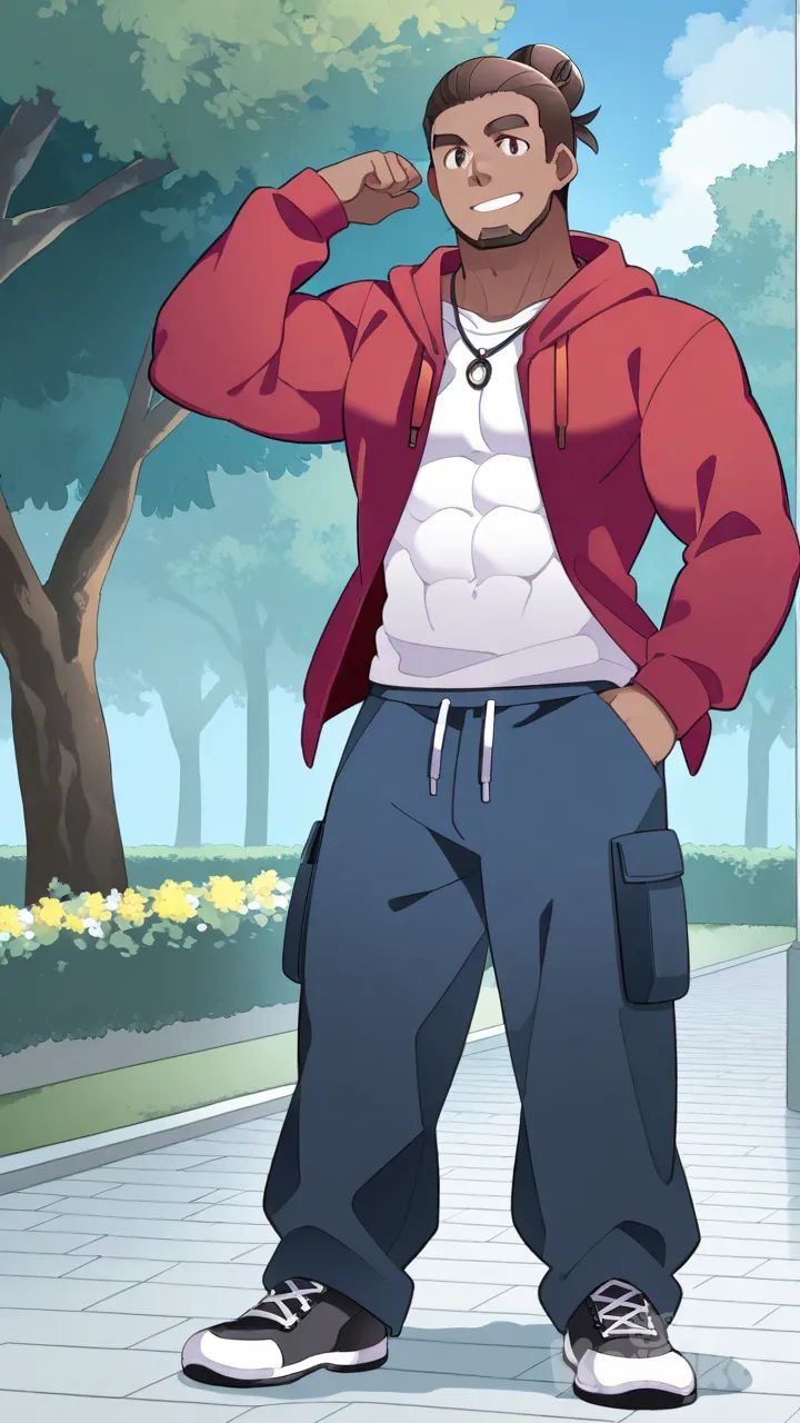 muscular, hunk, bodybuilder, abs, masculine, bara, bulging muscles, thick thighs, broad shoulders, strong, dominant, mature, rugged, body hair, beefy, macho, manly, toned, powerful, well-built, brawny, ripped, shredded, chiseled, defined, athletic, fit, handsome, attractive, full body, slicked-back hair, man bun, hoodie, cargo pants, smile, hammer (sunset beach), park, necklace, t-shirt, Slim Body, long sleeves