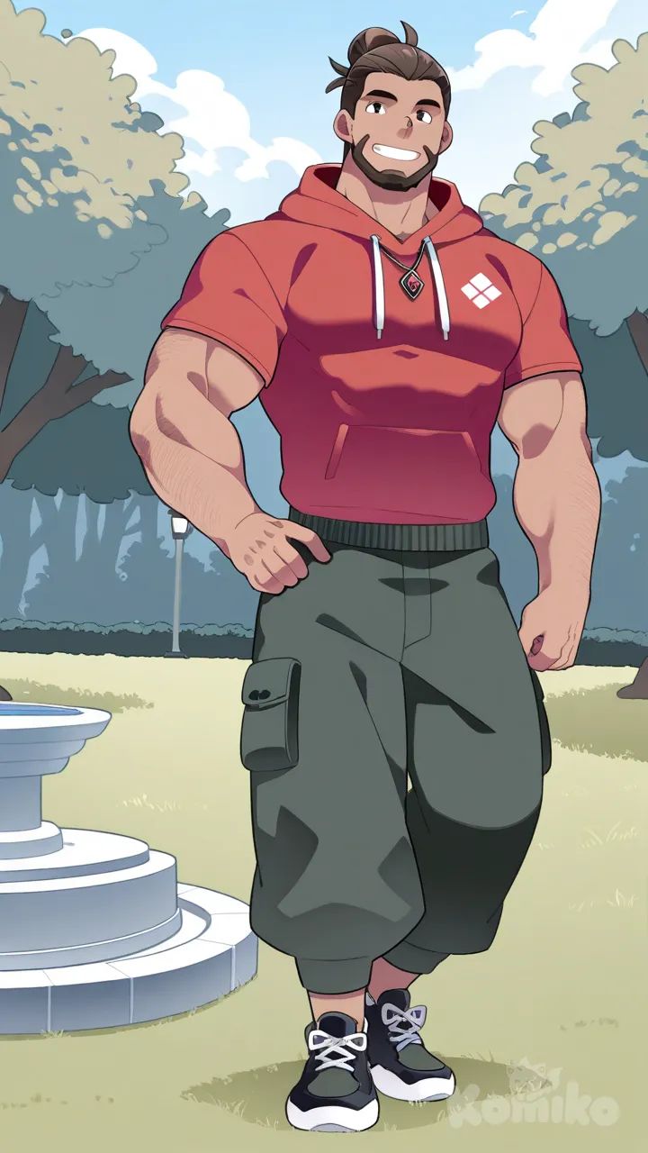 muscular, hunk, bodybuilder, abs, masculine, bara, bulging muscles, thick thighs, broad shoulders, strong, dominant, virile, mature, rugged, body hair, beefy, macho, manly, toned, powerful, well-built, brawny, ripped, shredded, chiseled, defined, athletic, fit, handsome, attractive, full body, slicked-back hair, man bun, hoodie, cargo pants, smile, hammer (sunset beach), park, necklace, t-shirt, Slim Body