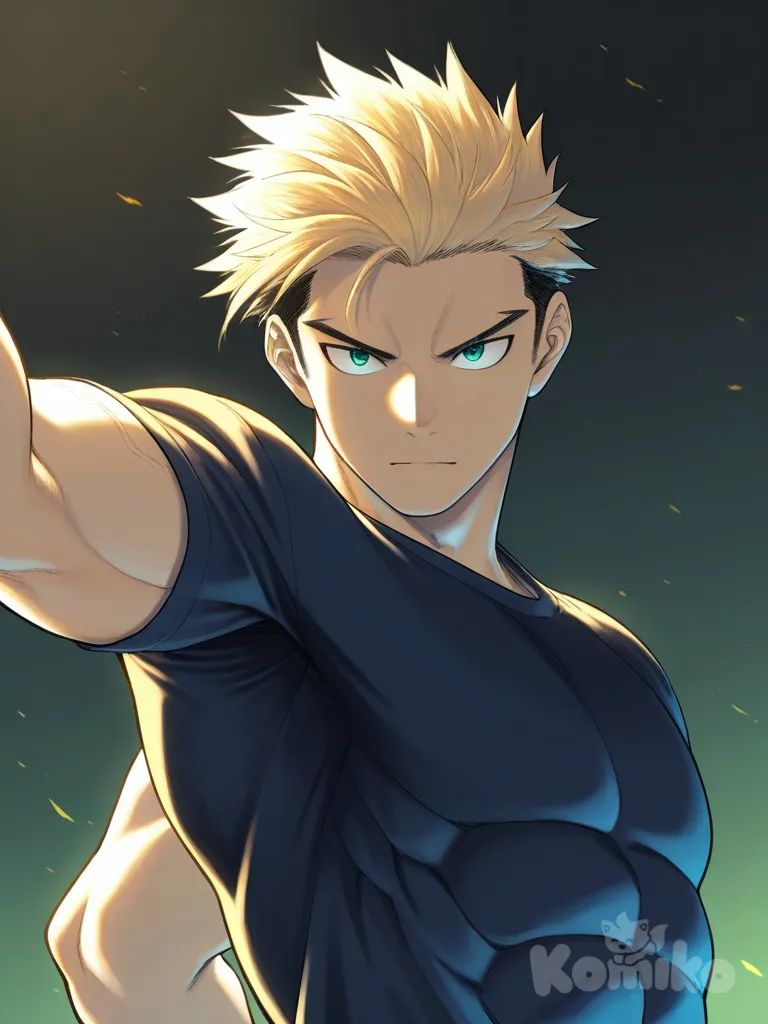 Muscular anime man, striking heroic pose, highly defined musculature, ultra-anatomy, sharp anime linework, dynamic lighting, vibrant colors, dramatic shading, wind-swept hair, intricate textures on skin and clothing, cinematic depth of field, high-resolution, epic atmosphere, tsukudani (coke-buta)