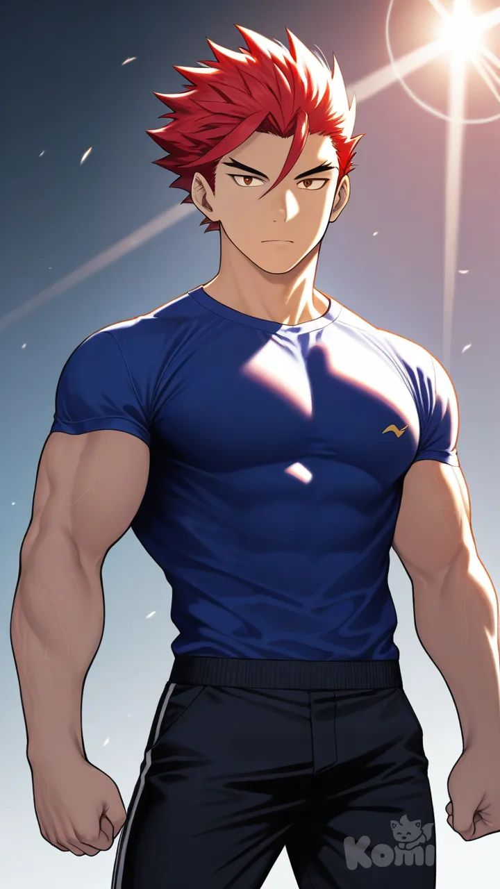 Muscular anime man, striking heroic pose, highly defined musculature, ultra-anatomy, sharp anime linework, dynamic lighting, vibrant colors, dramatic shading, wind-swept hair, intricate textures on skin and clothing, cinematic depth of field, high-resolution, epic atmosphere, tsukudani (coke-buta)