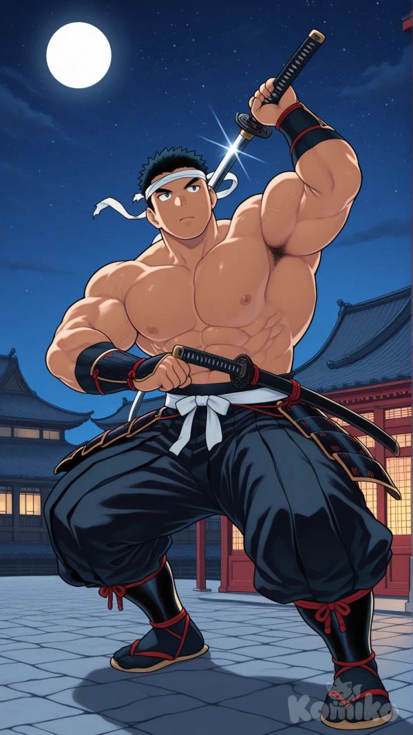 Man, Training, under the moon, katana, bodybuilder, bara, muscular male, tsukudani (coke-buta), full body, japanese armor, Chinese Palace