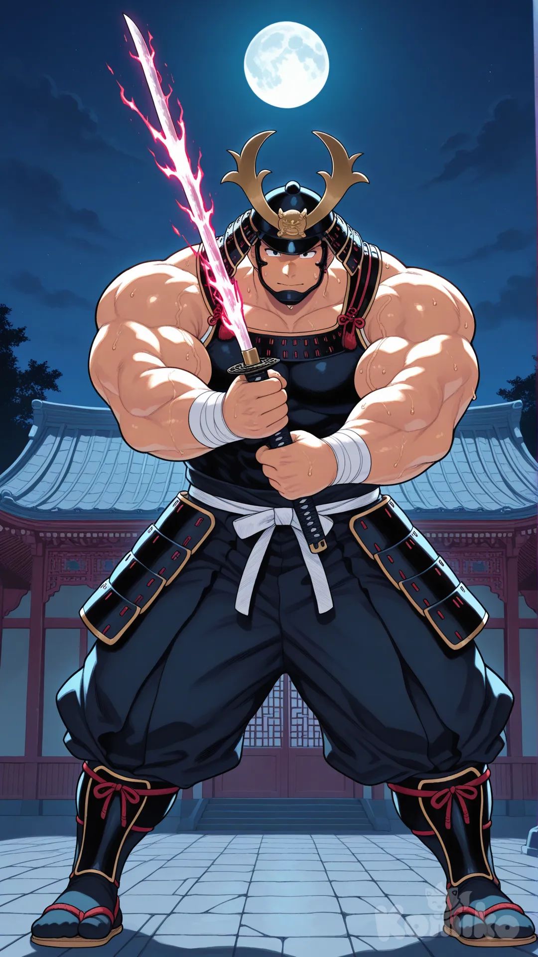 Man, Training, under the moon, katana, bodybuilder, bara, muscular male, tsukudani (coke-buta), full body, japanese armor, Chinese Palace