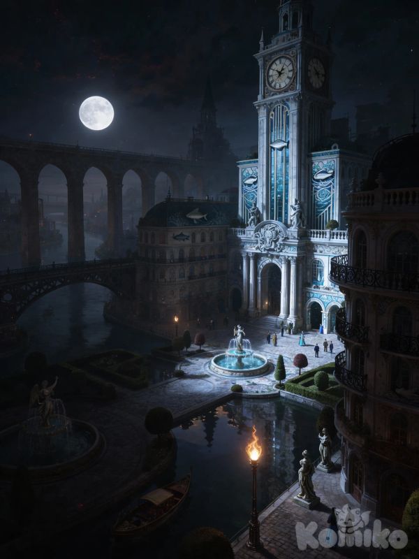 @fontaine-city-genshin-impact-STtz at night time under the full moon