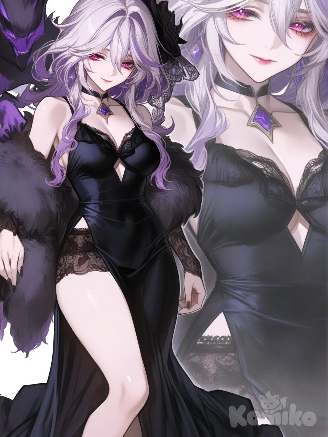 [semi-realistic-portrait-style] 1girl, genshin_impact, demon, teenager, curvy, purple_eyes, fair_skin, evening_dress, lace, choker, diamonds, long hair, white hair, single character, full body, looking at viewer, anime style, simple background, white background