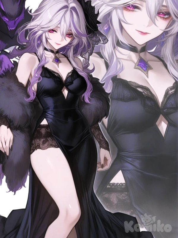 [semi-realistic-portrait-style] 1girl, genshin_impact, demon, teenager, curvy, purple_eyes, fair_skin, evening_dress, lace, choker, diamonds, long hair, white hair, single character, full body, looking at viewer, anime style, simple background, white background