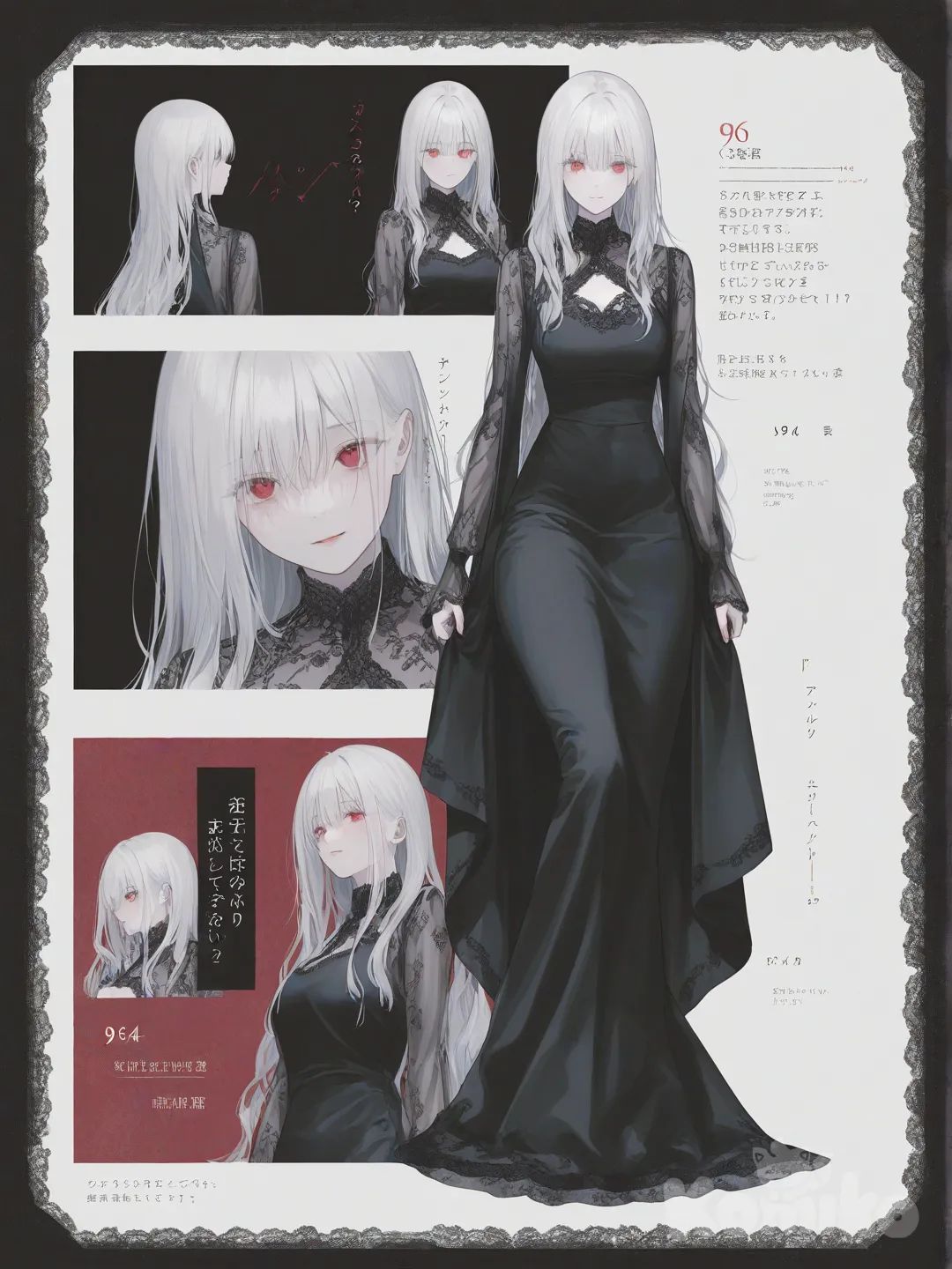 [soft-pastel-style] 1girl, vintage comic, american comic style, digital color comicbook style, marvel style, teenager, slim, curvy, white hair, long hair, red eyes, pale skin, black evening dress, lace, single character, full body, looking at viewer, simple background, white background