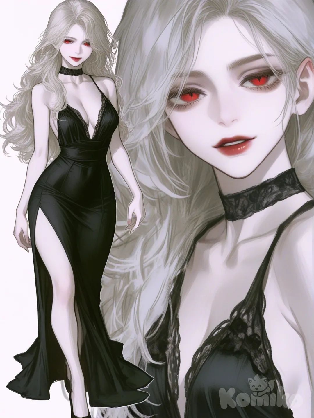 [semi-realistic-portrait-style] 1girl, vintage comic, american comic style, digital color comicbook style, marvel style, teenager, slim, curvy, white hair, long hair, red eyes, pale skin, black evening dress, lace, single character, full body, looking at viewer, simple background, white background