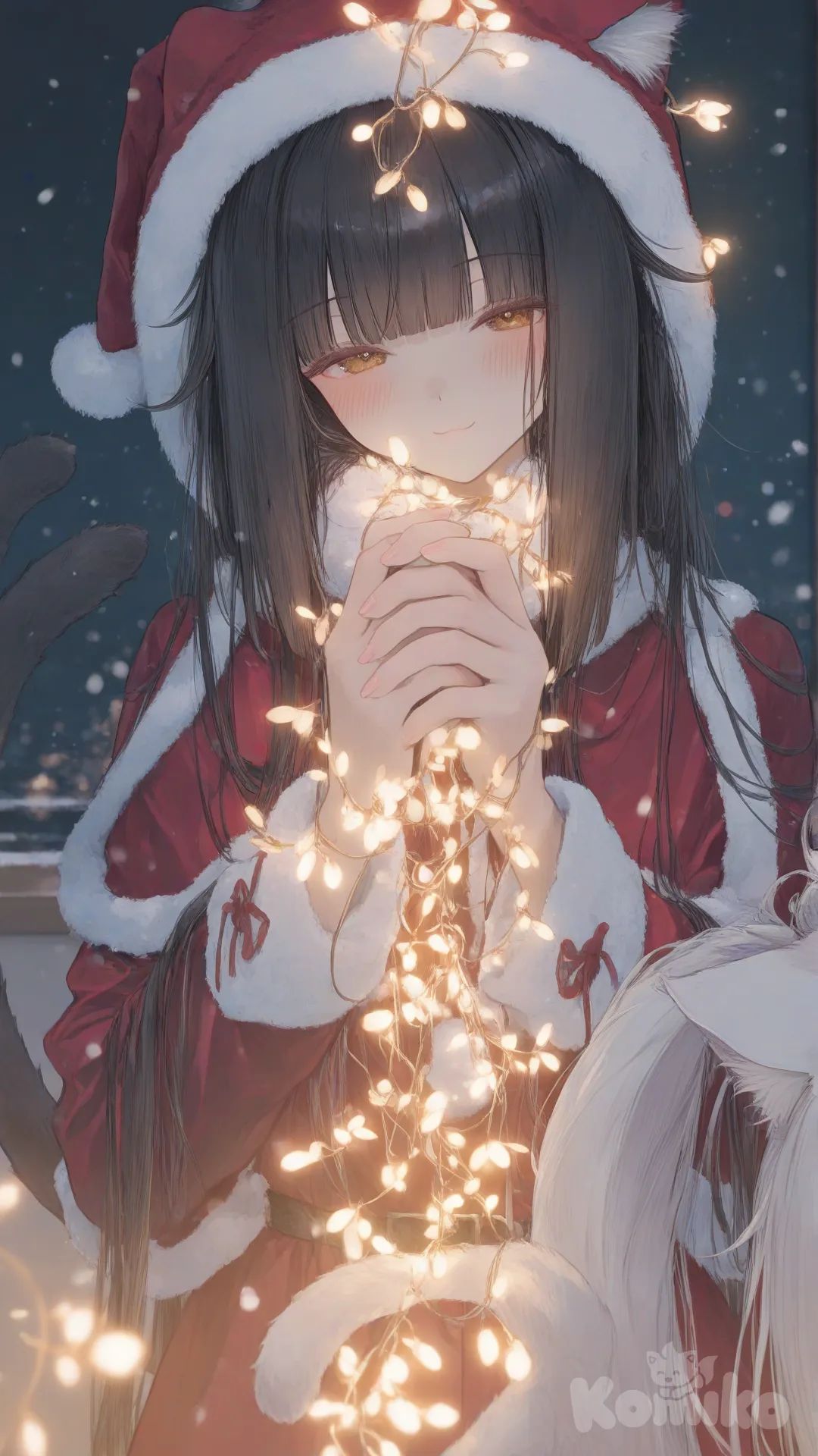 chocola \(nekopara\), vanilla \(nekopara\), nekopara,2 girls, Christmas hat, headshot, closeup, ambient light, cinematic lighting, night, snowy, home, [sweet-pastel-style], half-closed eyes, smile, dark background, christmas lights, in middle, looking at viewer, holding hands