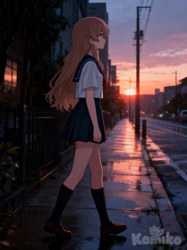side profile photo, looking away, panoramic lens, twilight, rainy
