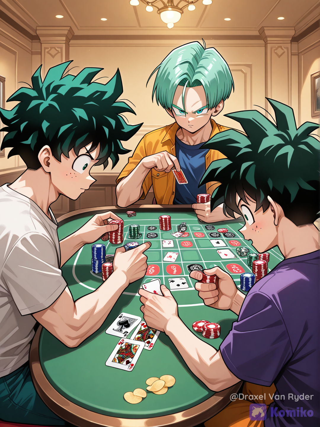 Izuku, Gohan y Trunks jugando al poker.