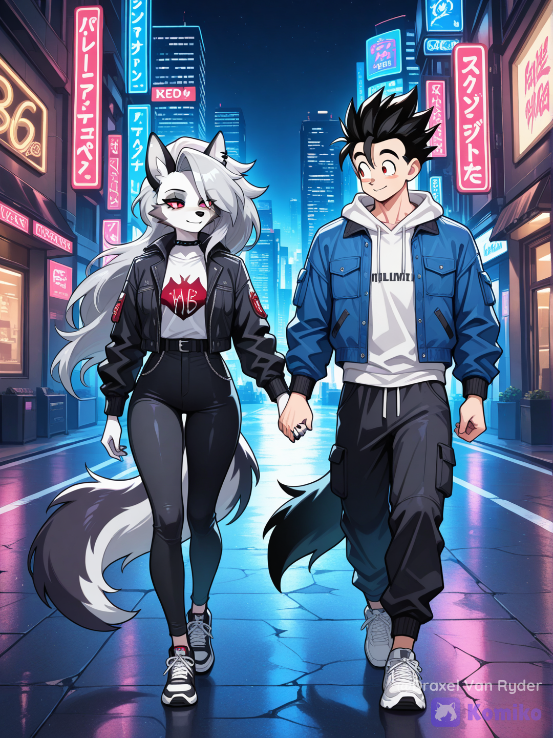 Gohan y Loona paseando en una ciudad futurista