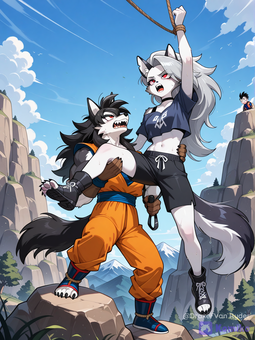 Gohan y Loona escalando una montaña