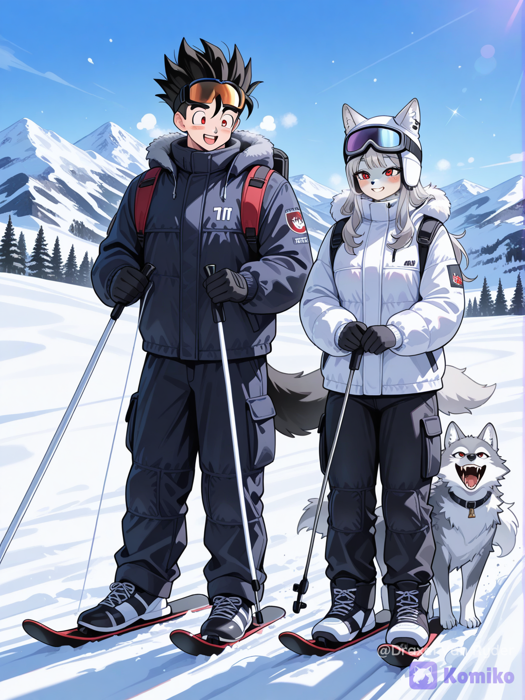 Gohan y Loona listos para esquiar en la nieve