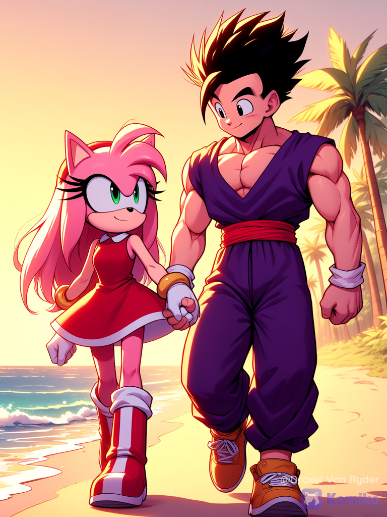 Gohan y Amy Rose, paseando por la playa