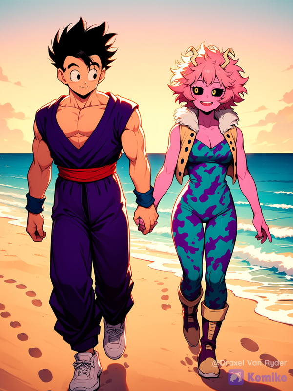 Gohan y Mina Ashido, paseando por la playa