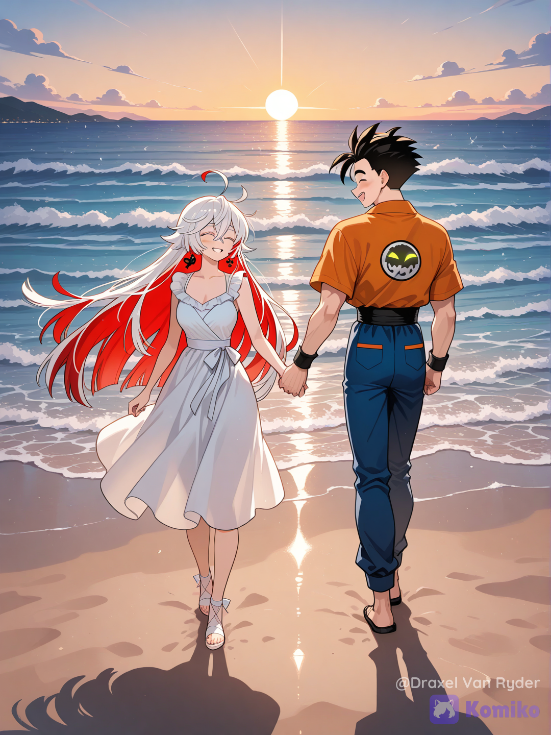 Gohan y Jack-O Valentine, disfrutando del atardecer en la playa