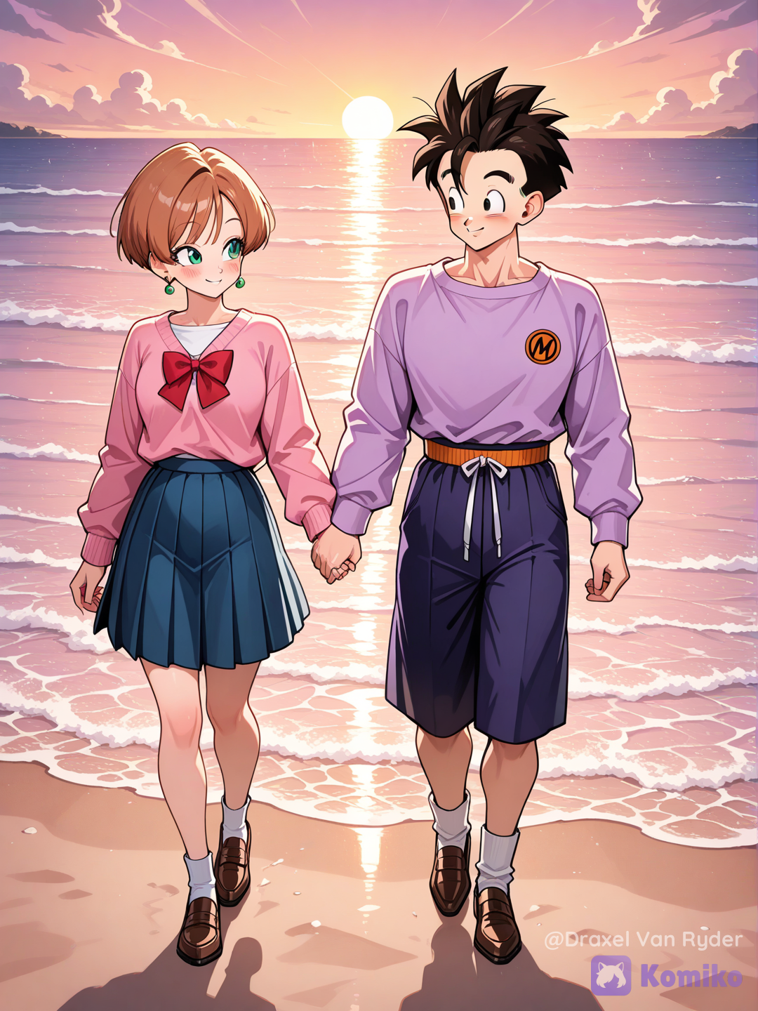 Gohan y Momo Ayase paseando por la playa