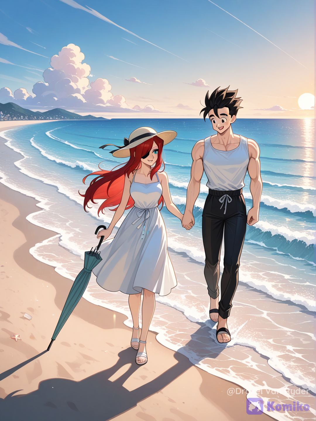 Gohan y Parasoul, paseando por la playa