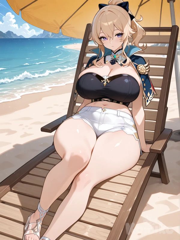 @Jean_(Genshin_Impact) en la playa con un top negro que envuelva sus pechos completamente shorts blancos y sandalias transparentes sentada en una silleta (que jean tenga curvas demasiado grandes)