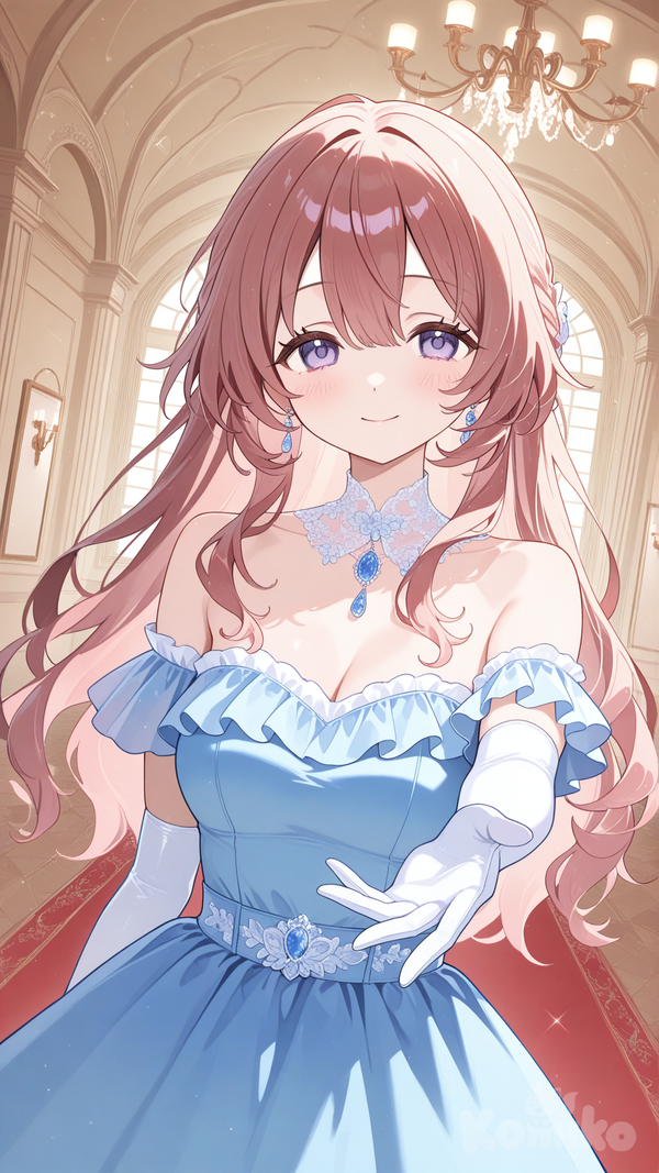 inui shinju, blue dress, facing viewer, smile, bare shoulders, ballroom, offering hand, dutch angle, upper body, elbow gloves