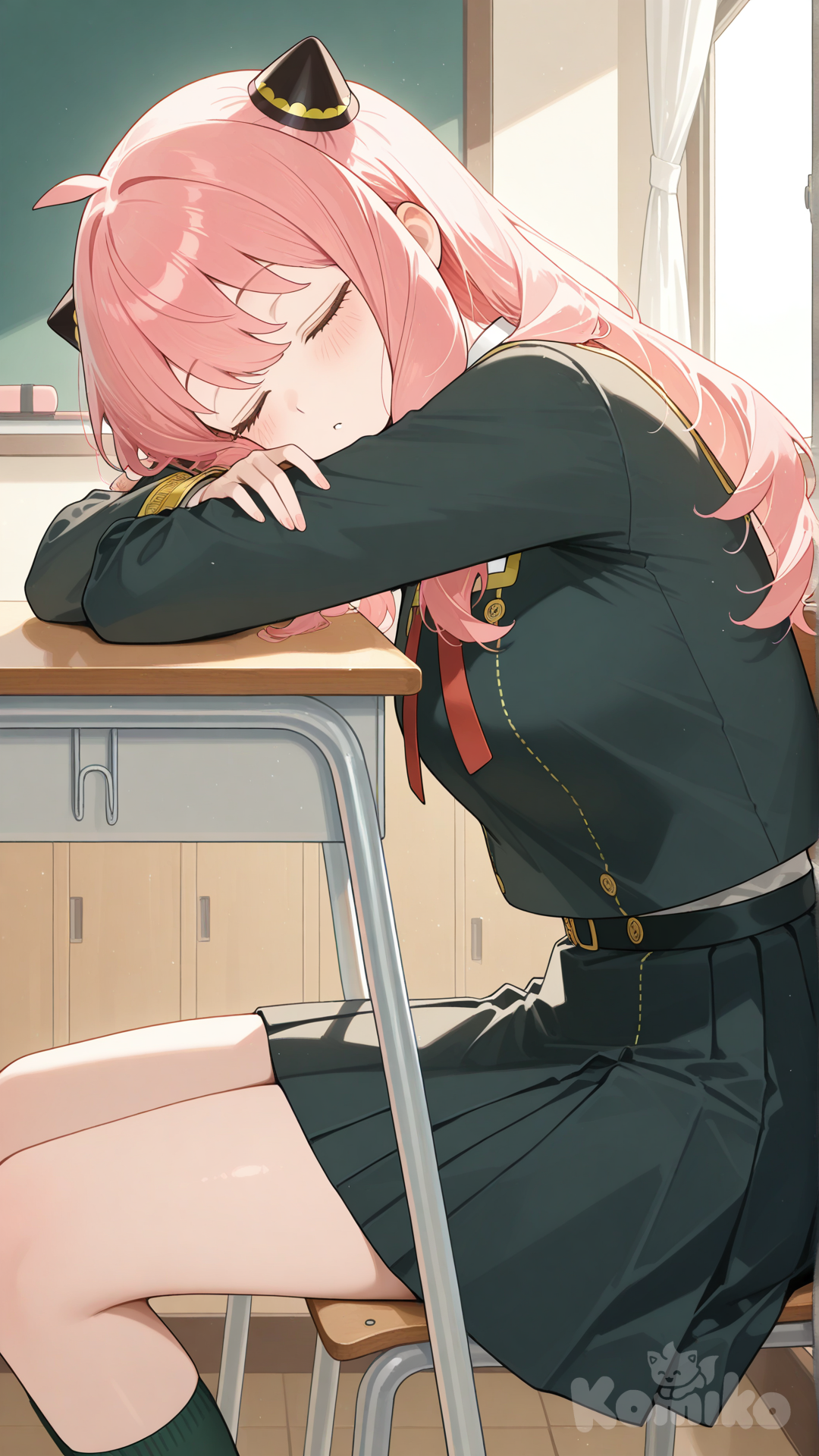anya (spy x family), aged up, school uniform, school desk, sitting, from side, sleeping, head on table