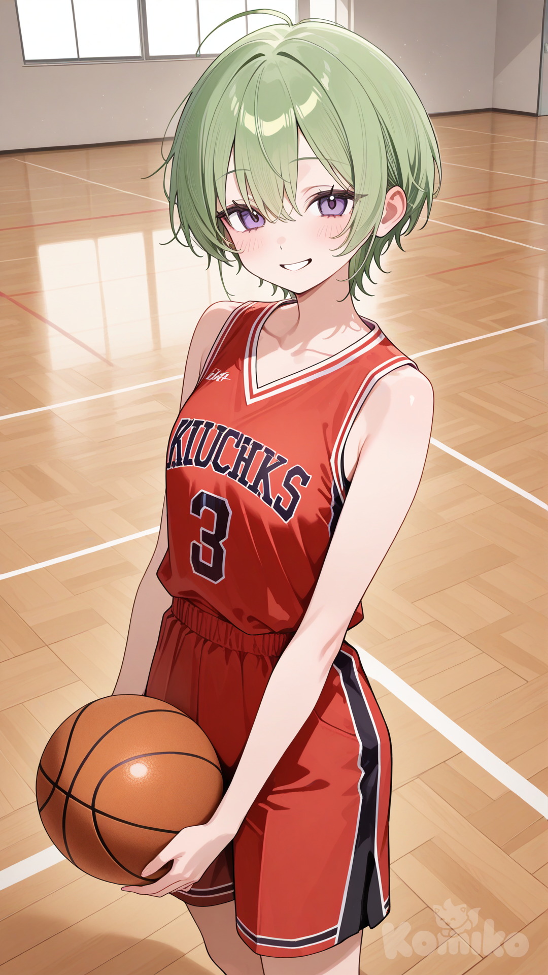 basketball uniform, basketball, gym, facing viewer, smile