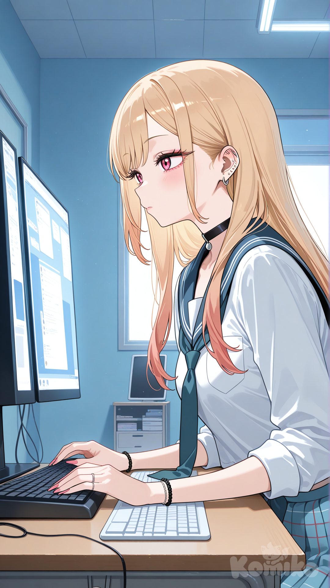 kitagawa marin, school uniform, student, sitting at computer, typing, from side, upper body, looking ahead, expressionless