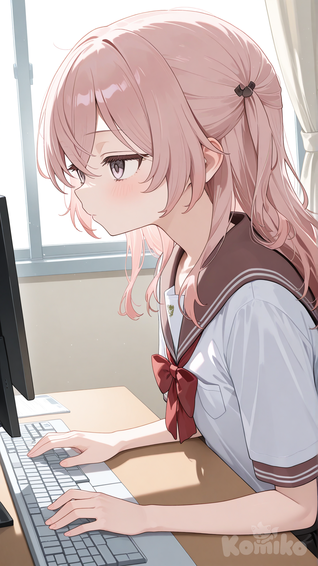 inui sajuna, school uniform, student, sitting at computer, typing, from side, upper body, looking ahead, expressionless
