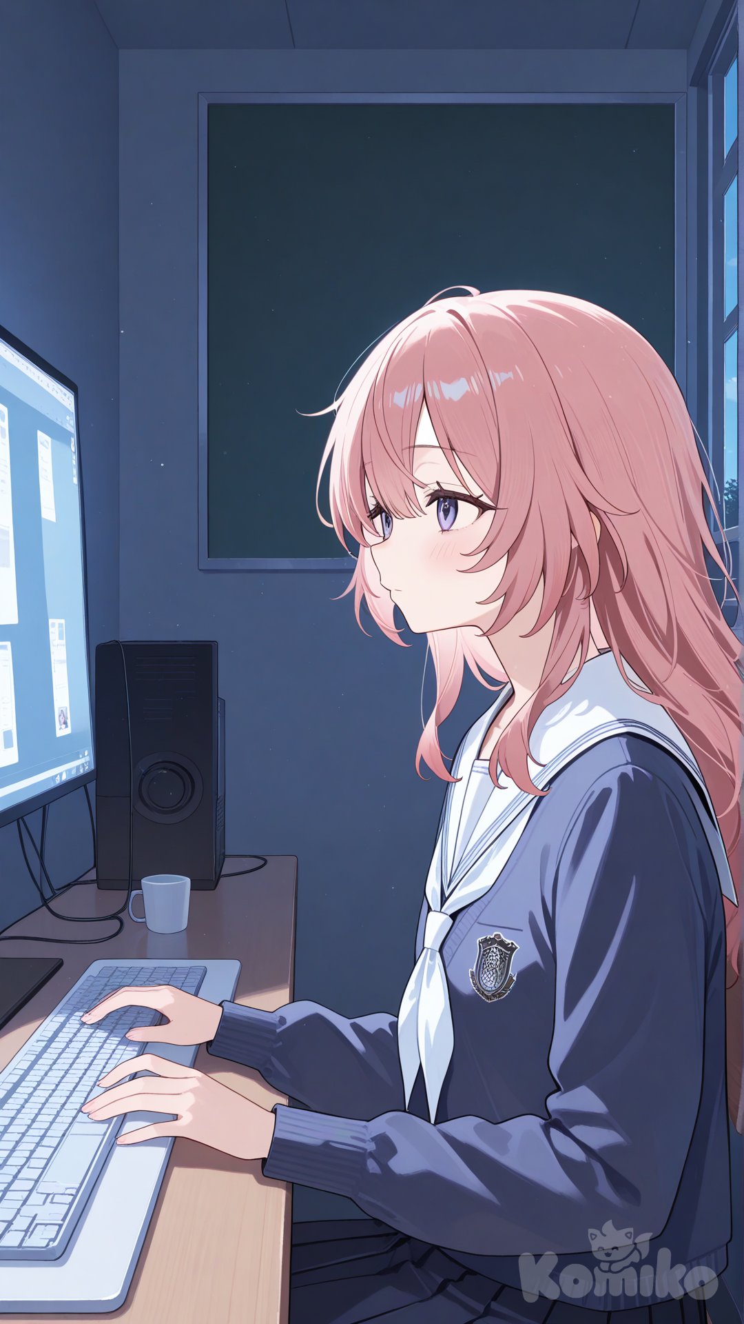 inui shinju, school uniform, student, sitting at computer, typing, from side, upper body, looking ahead, expressionless