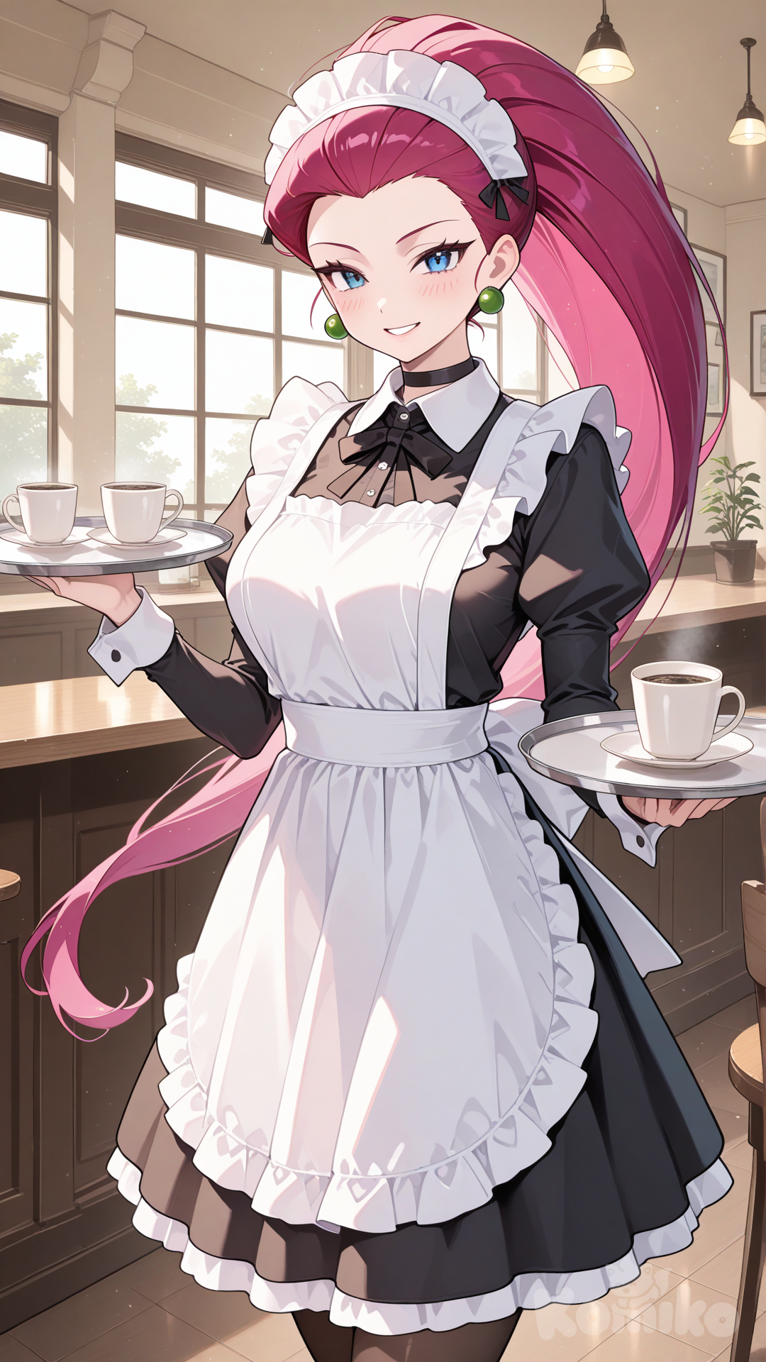 jessie (pokemon), cafe, black choker, holding tray, coffee mug, coffee, smile, front view, maid headdress, maid apron, maid