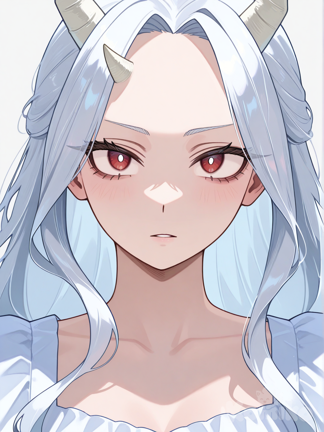 eri (boku no hero academia), white dress, aged up, looking at viewer, wide-eyed, intense stare, upper body, close-up, facing viewer, arms at sides, eye contact