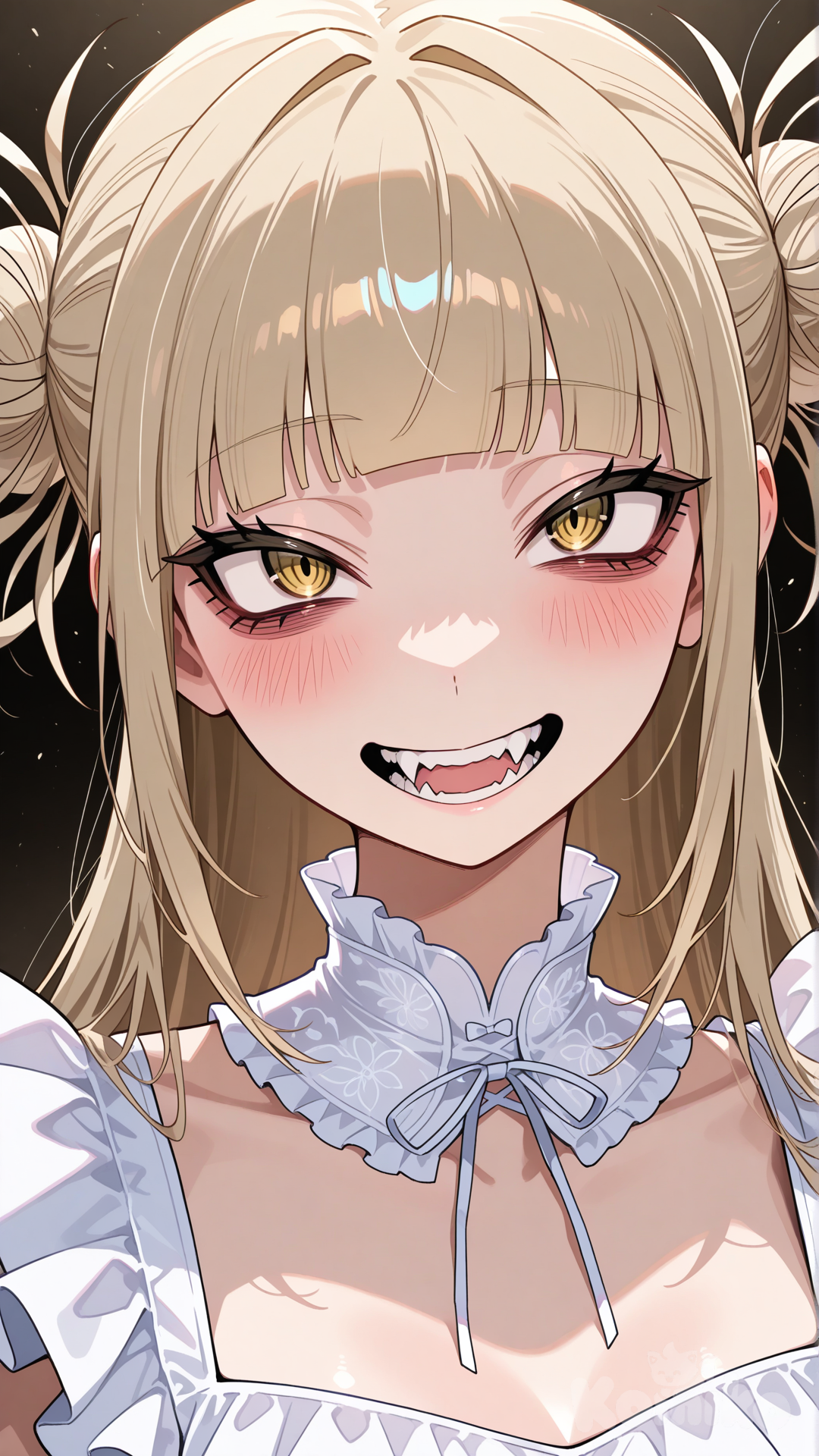 toga himiko, white dress, aged up, looking at viewer, wide-eyed, intense stare, upper body, close-up, facing viewer, arms at sides, eye contact