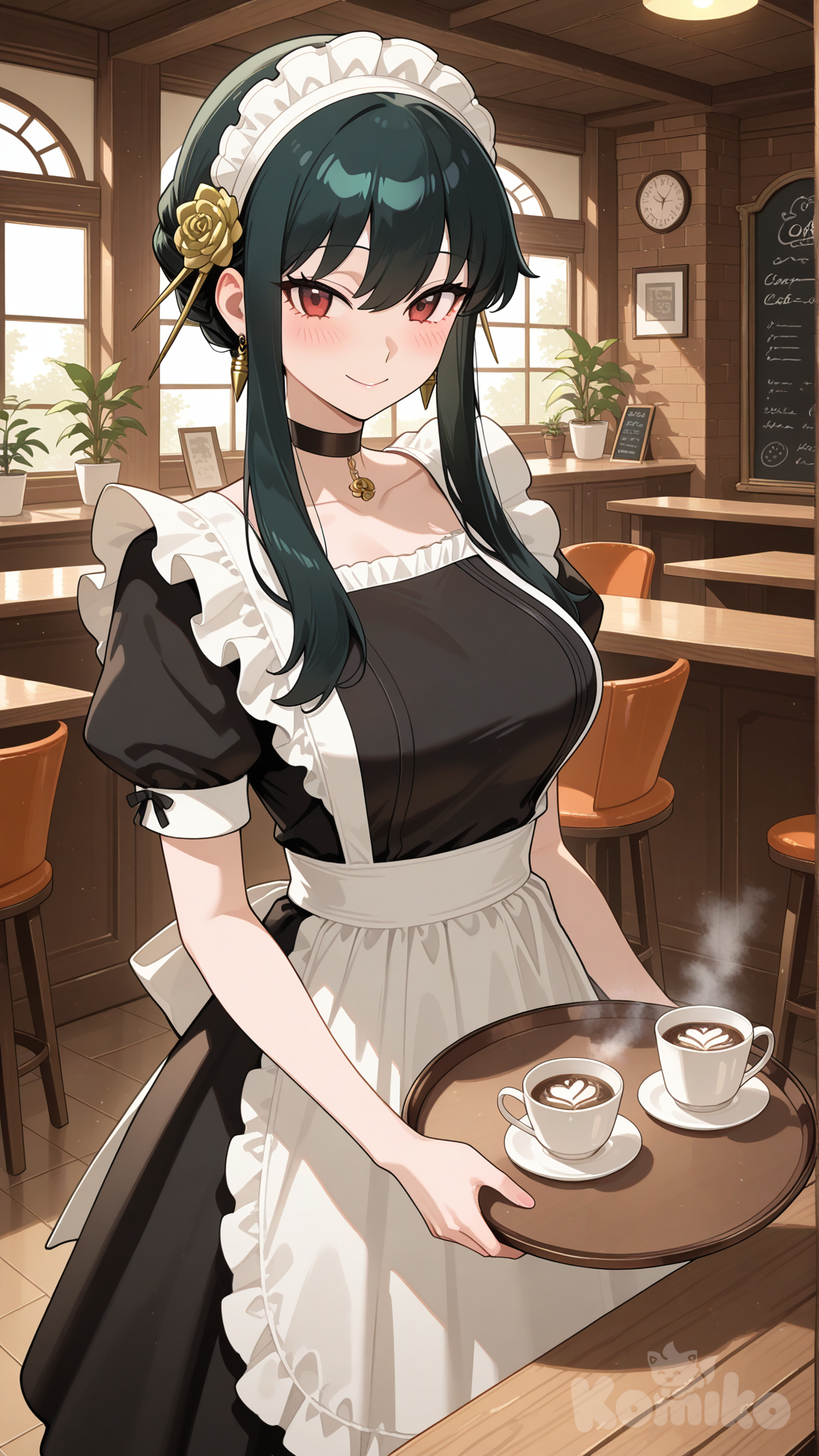 yor briar, cafe, black choker, holding tray, coffee mug, coffee, smile, front view, maid headdress, maid apron, maid